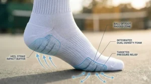 Mapping of high-impact cushioning zones in the heel and forefoot of the best tennis socks.