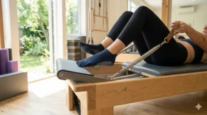 Athlete using grip socks while performing a leg press on a pilates reformer.