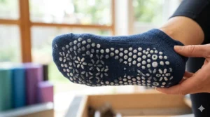 Close-up of durable silicone honeycomb grips on the bottom of a pilates sock.