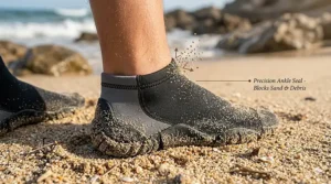 Illustration showing the tight ankle seal of water sports socks designed to keep out sand and debris.