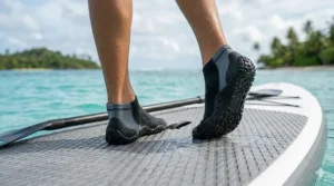 Illustration of a person standing on a paddleboard wearing flexible water sports socks for improved balance.