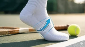 Illustration showing the compression zones and arch support of high-quality tennis socks.