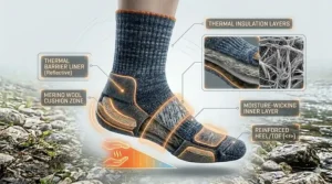 Cross-section illustration of thermal insulation layers in thick fishing socks designed for ice fishing and cold water.