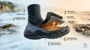 A cross-section diagram of thermal neoprene material used in high-quality water sports socks for cold water.