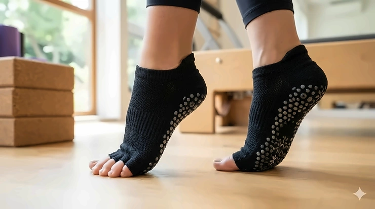 Pair of black toeless pilates socks for better toe spread and tactile feel. best pilates socks