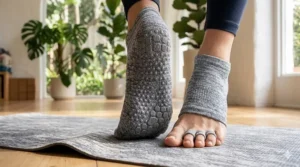 Comparison chart showing the design differences between toeless yoga socks and full-toe yoga socks.