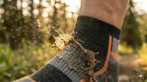 A mountain biker riding through a puddle wearing mud-resistant trail socks.