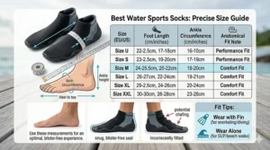 A clean infographic showing how to measure your foot to find the best water sports socks fit.