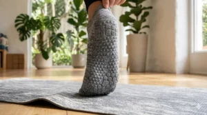 Close-up illustration of the honeycomb silicone grip pattern on the best yoga socks for maximum traction.