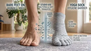 Illustration of yoga socks acting as a hygienic barrier between feet and shared yoga mats.