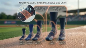 Comparison illustration showing the difference between youth and adult baseball sock sizes.