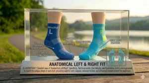 An illustration of a pair of running socks marked with "L" and "R" to show the anatomical left and right foot fit.