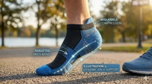 Diagram of a running sock for men highlighting the compressive arch band for foot stability.