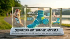 A graphic highlighting the mid-foot compression band on a running sock designed to support the arch during long runs.