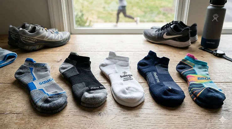 A collection of top-rated performance running socks priced under $20 displayed on a wooden surface. best running socks under $20