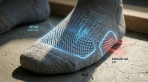 Diagram of a thin lightweight running sock featuring mesh ventilation panels and a streamlined fit.