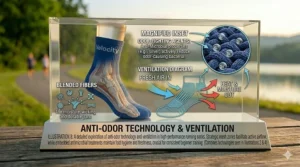 A conceptual drawing showing air mesh venting zones on top of a running sock that help keep feet cool and odor-free.