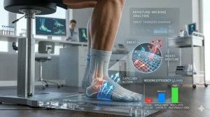 Technical illustration of moisture-wicking fabric fibers pulling sweat away from the skin in running socks.