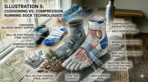 Detailed view of arch support bands and compression zones found in top-rated running socks for foot fatigue recovery.