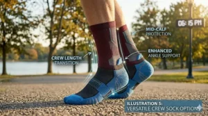 Mid-calf crew length running socks for men in a variety of vibrant colors and patterns.