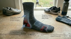 Mid-calf crew running socks suitable for trail running and debris protection.