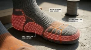 Illustration highlighting the reinforced heel and toe padding zones in a cushioned running sock for impact protection.