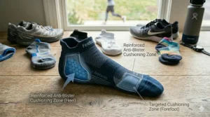 Graphic highlighting the reinforced heel and toe cushioning of a budget running sock.