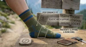 An illustration of the "performance fit" of a Darn Tough sock, showing how the elastic arch support prevents slipping and bunching inside hiking boots.
