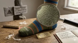 Illustration showing the high-density knit of Darn Tough socks, emphasizing their famous lifetime guarantee and reinforced heel and toe.