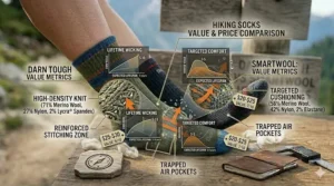 A chart comparing the price point and expected lifespan of Darn Tough versus Smartwool socks to determine the best long-term value for hikers.