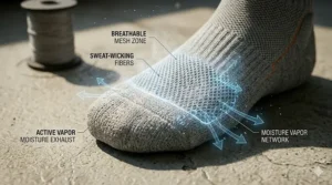 Graphic showing airflow and moisture-wicking properties of lightweight running socks to prevent overheating in hot weather.