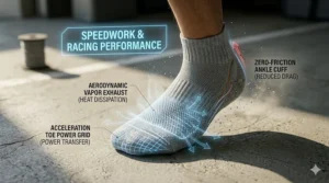 Close-up of a sprinter using lightweight running socks for a second-skin feel and maximum shoe feedback.
