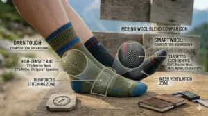A graphic comparing the percentage of Merino wool, nylon, and Lycra spandex in Darn Tough vs Smartwool hiking socks.