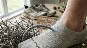 Close-up 4K illustration showing a human foot in a grey merino wool sock absorbing moisture, with detailed fiber texture and a "MERINO WOOL" wooden sign in the background.