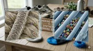 A photorealistic 4K comparison illustration showing magnified merino wool fibers with minimal bacteria beside synthetic fibers teeming with thriving bacterial colonies labeled "BACTERIA TRAP."
