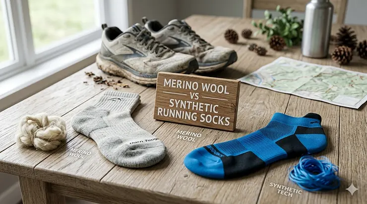 A high-definition, photorealistic side-by-side comparison of a grey Merino Wool running sock and a blue Synthetic Tech running sock on a wooden table with a sign reading "MERINO WOOL VS SYNTHETIC RUNNING SOCKS."