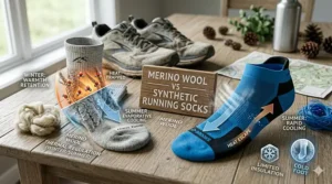 A photorealistic 4K comparison illustration showing a merino wool sock providing both summer cooling and winter warmth versus a synthetic sock providing only rapid summer cooling.
