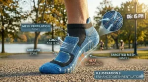 Top-down view of men's running socks featuring mesh ventilation panels for temperature control.