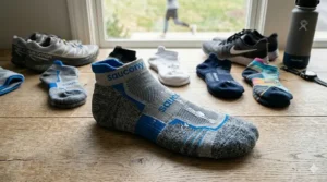 Close-up illustration of breathable fabric mesh on a running sock under $20.