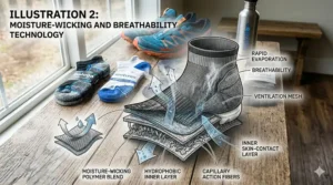 A technical drawing of breathable mesh zones in high-performance running socks designed to prevent blisters and manage sweat.