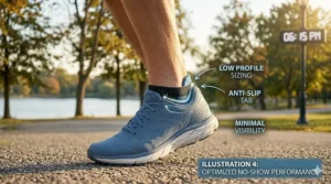 Low-cut no-show running socks for men paired with performance sneakers.