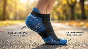 Close-up illustration showing targeted cushioning in the heel and toe of men's running socks.
