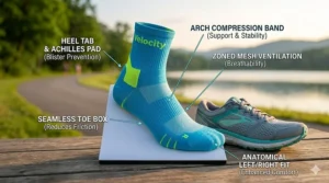 A diagram labeling the key features of running socks for beginners including the heel tab, arch compression band, and seamless toe.