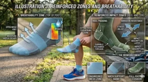 Diagram highlighting engineered mesh breathability zones on the top of the foot and reinforced impact zones at the heel and toe.