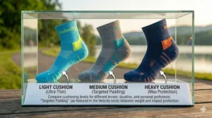 Three side-by-side views of running socks showing light, medium, and heavy cushioning thickness for different impact needs.