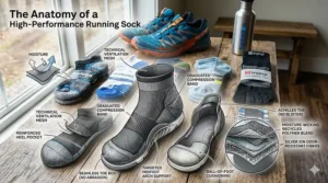 Illustration showing key features of the best running sock brands including seamless toes, arch compression, and reinforced heels.