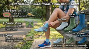 Comparison chart of running sock heights including no-show, quarter crew, and full crew lengths for different terrain.