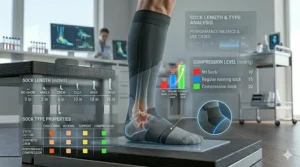 Comparison chart of different sock heights including no-show, ankle, crew, and knee-high compression styles.