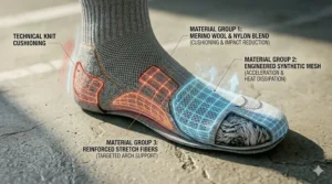 Infographic showing common materials used in both cushioned and lightweight running socks like Merino wool and polyester blends.