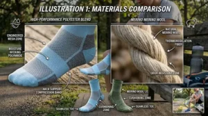 Technical comparison between high-performance synthetic polyester blends and natural merino wool fibers for running socks.